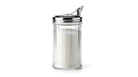 Sugar showing glass sugar dispenser with chrome lid filled with white granulated sugar on white...の写真素材