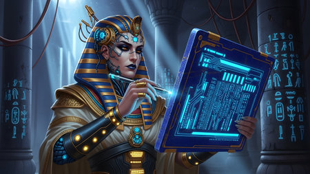 A female pharaoh with cybernetic enhancements examines a glowing blue digital tablet in ancient...