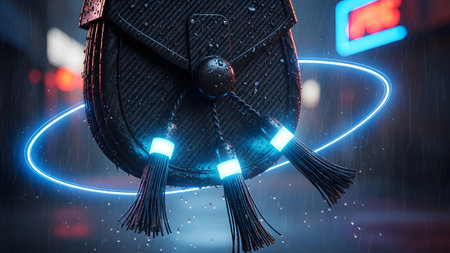 Glowing showing futuristic kilt bag with neon blue ring and glowing tassels in rainy city at...