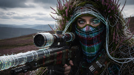 (2869) showing female sniper in ghillie suit with tartan mask and futuristic scope aiming rifle...