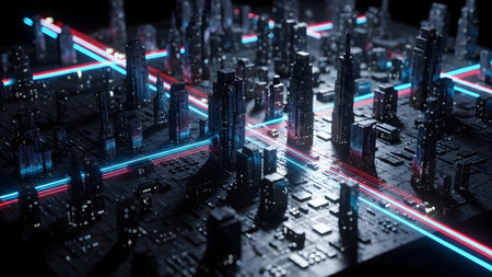 A dark, abstract digital cityscape with glowing neon blue and red light trails weaving through...