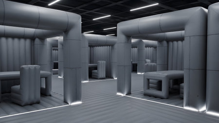 An abstract interior space constructed from inflatable illuminated by soft white light strips...の写真素材