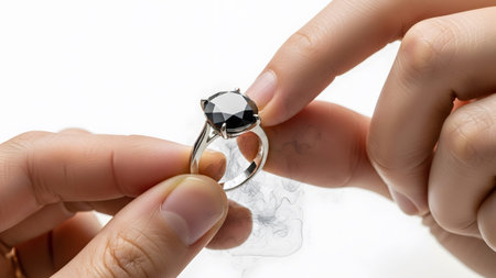 Ring showing hands holding a black diamond ring with wisps of smoke on a white background.の写真素材