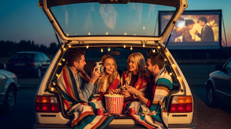 Friends in a car trunk with blankets and popcorn enjoy a drive-in illuminated by string lights.