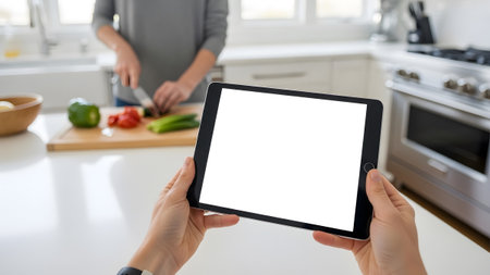 Hands grip a tablet displaying a blank white screen in a sunlit modern kitchen with food...
