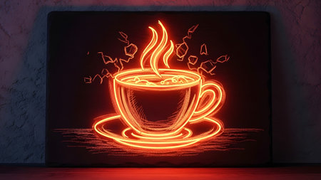Dark showing hot steaming cup of coffee depicted in vibrant orange neon outline on a dark...の写真素材