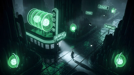 Dark showing futuristic neon green diner in a dark rainy cityscape with glowing spheres.