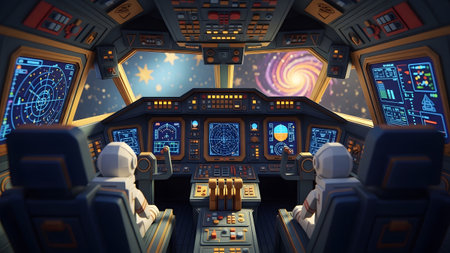 Cockpit showing futuristic spaceship cockpit with astronauts and starry galaxy view.