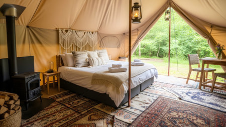 Wood showing glamping tent interior with wood stove, bed, and lanterns overlooking a green...の写真素材