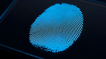 Verification showing glowing blue fingerprint scan on a dark digital screen representing...の写真素材