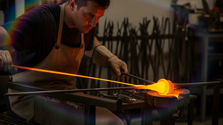 Workshop showing glassblower shaping molten glass with a blowpipe and tools in a workshop with...