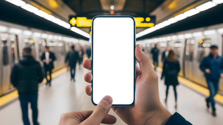 Smartphone showing hand holding a modern smartphone with a blank white screen in a busy subway...の写真素材