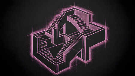 Dust showing impossible staircase optical illusion with pink neon outline and dust effects.