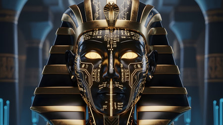 Pharaoh showing futuristic pharaoh head with glowing eyes and circuit board details.