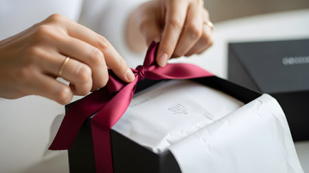 Hands adjust a deep burgundy satin ribbon into a bow on a black gift box with white tissue.
