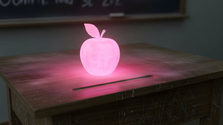 Dust showing glowing pink apple on wooden school desk with chalk dust and classroom background....