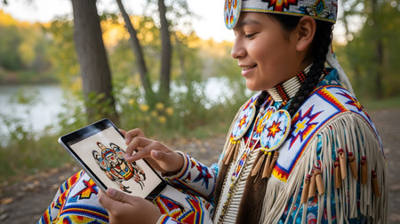 Regalia showing indigenous youth in traditional regalia touches a digital on a tablet computer...の写真素材