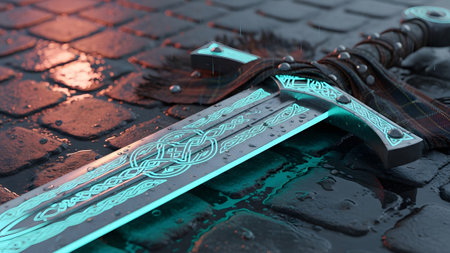 A glowing Celtic sword with intricate patterns rests on wet cobblestones, a tartan cloth draped...