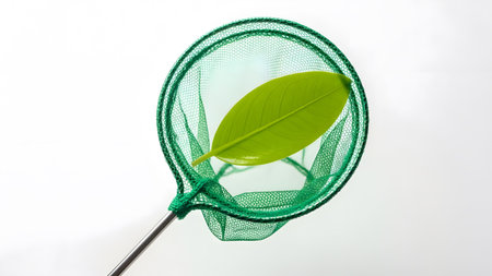 Showing green butterfly net with a vibrant green leaf caught inside on a white...