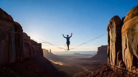 Sunrise showing man balances on a slackline between two rock formations in a vast desert canyon...