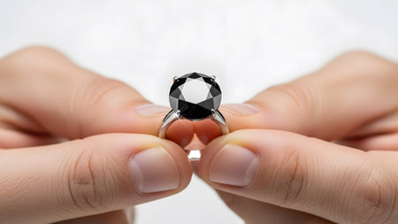 Ring showing hands presenting a large faceted black diamond engagement ring with a silver band...の写真素材