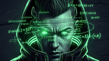 Mathematical showing man in a hooded jacket with glowing green eyes and mathematical formulas...