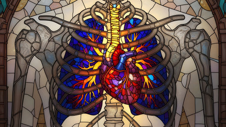 A human heart and lungs inside a rib cage, presented as a detailed and colorful stained glass...の写真素材