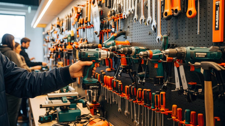 A hand holds a green and black cordless drill in a tool library, showcasing a wall of various tools.