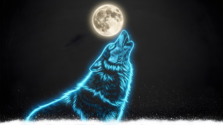 A neon blue wolf howls at a detailed full moon in a dark, starry night sky.... wolf,...