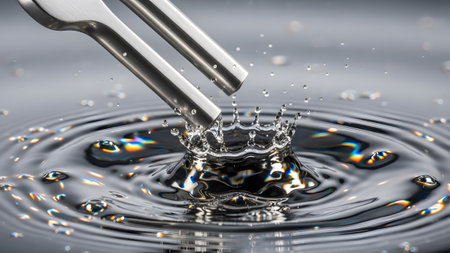 A metal tuning fork strikes water, creating a dynamic crown splash with colorful rainbow...