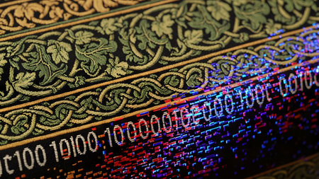 Intricate green floral tapestry pattern interwoven with glowing red and blue binary code data...