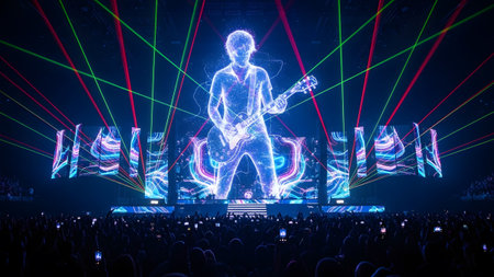 Holographic showing holographic guitarist on stage with green and red laser beams and a large...の写真素材