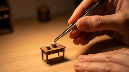 A close-up shot hands holding tweezers placing a tiny teacup onto a miniature wooden table.