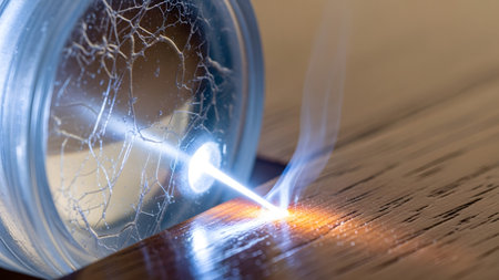Resting showing laser beam engraving on a cracked glass sphere resting on a wooden surface with...