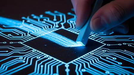 A hand uses a piece of chalk to draw glowing blue lines of a circuit board on a dark surface.