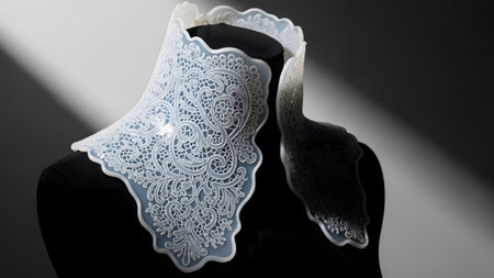 Floral showing intricate white lace collar with floral patterns displayed on a dark mannequin....