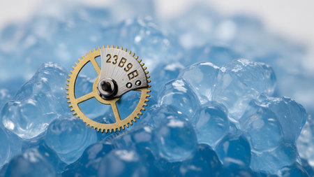 A detailed golden watch gear with numbers 2389B is positioned on translucent blue ice cubes,...