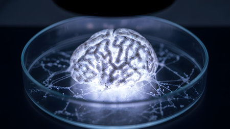 A detailed human brain model glows with internal light within a petri dish, showing intricate...