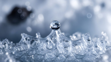 A single clear water droplet rests on a fragile, icy structure with intricate bubble-like...