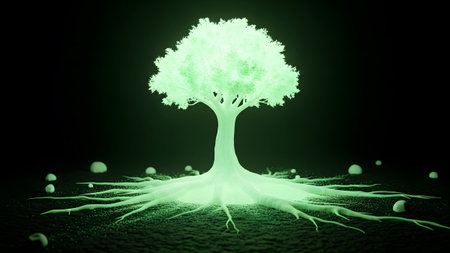 A luminous green tree with a prominent root system sits on dark ground scattered with glowing...