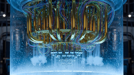 Intricate showing intricate quantum computer chip with colorful wires and bubbles in a glass...の写真素材