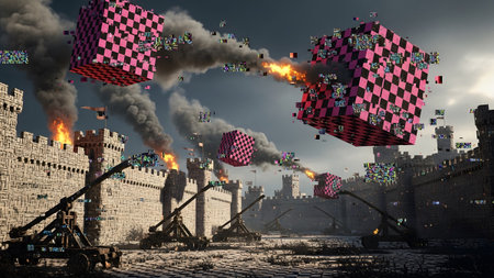 Cubes showing medieval castle under siege by pixelated pink checkerboard cubes firing digital...の写真素材