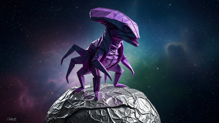 Nebula showing origami alien creature with purple faceted skin stands on a textured silver...