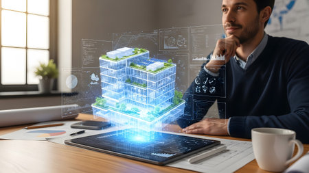 Holographic showing man looking at holographic building projection from tablet with charts and...