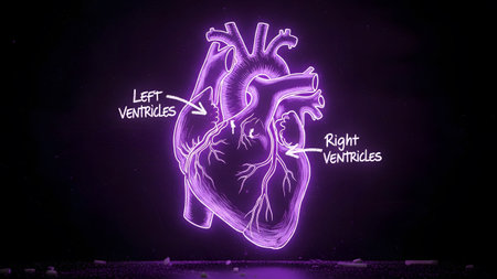 A neon purple anatomical heart with white labels pointing to the left and right ventricles on a...