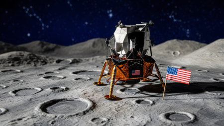 Lander showing lunar lander with american flag on cratered surface under starry sky.