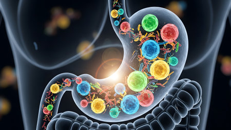 Microscopic showing microscopic view of colorful bacteria and viruses within a human stomach and...