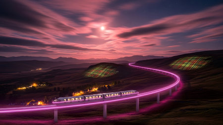 Sunset showing modern monorail with illuminated windows travels on a pink glowing track through...