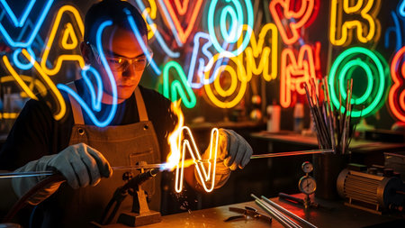 Torch showing man artisan wearing safety glasses shaping glass tubing with a torch to create...の写真素材