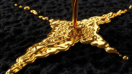showing molten gold liquid forming a cross shape on a dark textured surface with droplets....